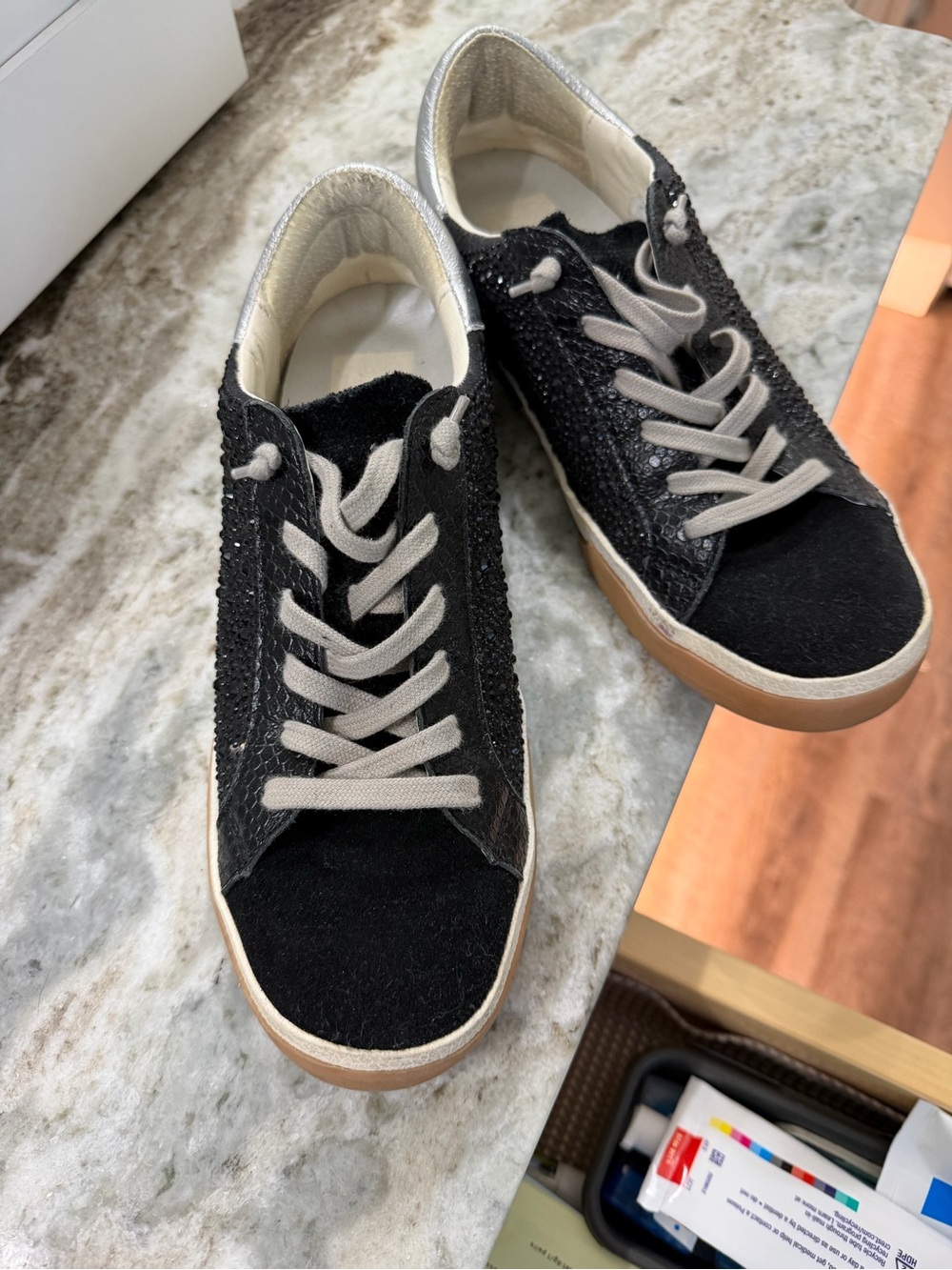 DV by Dolce Vita Black Sneakers with Cream Laces and Tan Sole